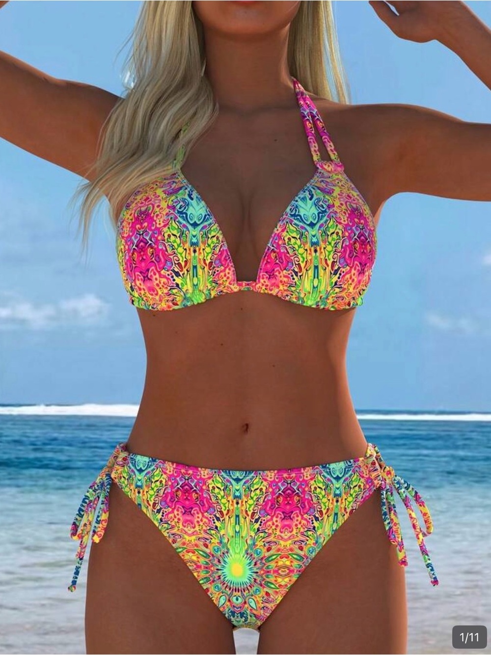 NIP Women’s SHEIN Bikini Top & Bottom XL Neon Vibrant Multicolor Pattern